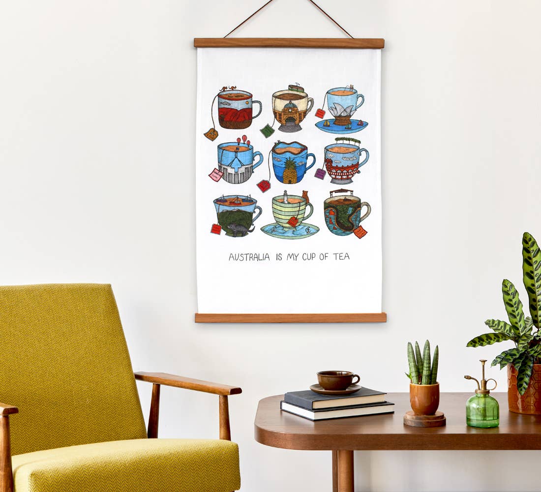 tea towel souvenir teacups