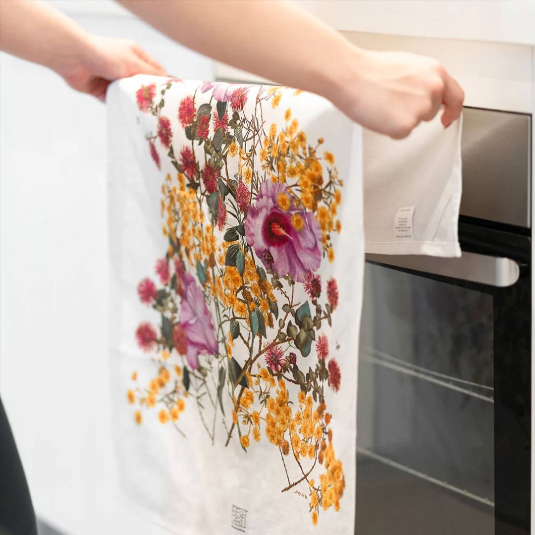 australian tea towel native flowers morrison yellow