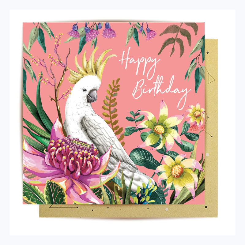 Greeting Card Happy Birthday Cockatoo and flowres